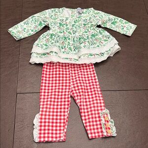 Floral Christmas Top and Red Checkered Leggings Set